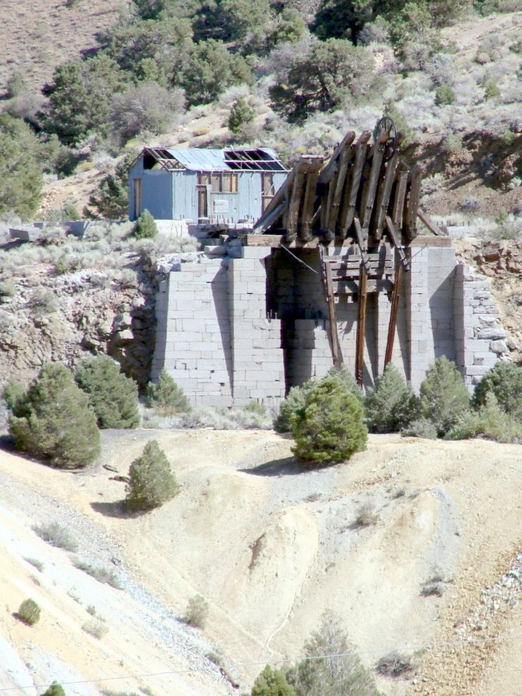 Mining remains near the entrance of the historic Chollar Mine in Virginia City, Nevada