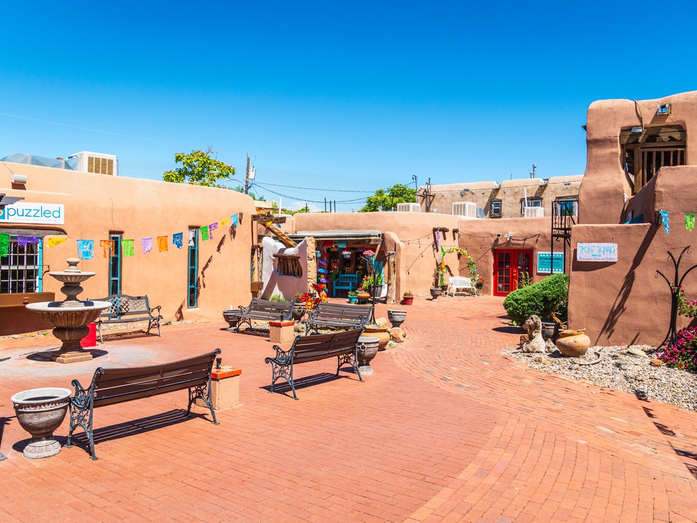 Spanish colonial courtyard and adobe architecture in Old Town Albuquerque, New Mexico