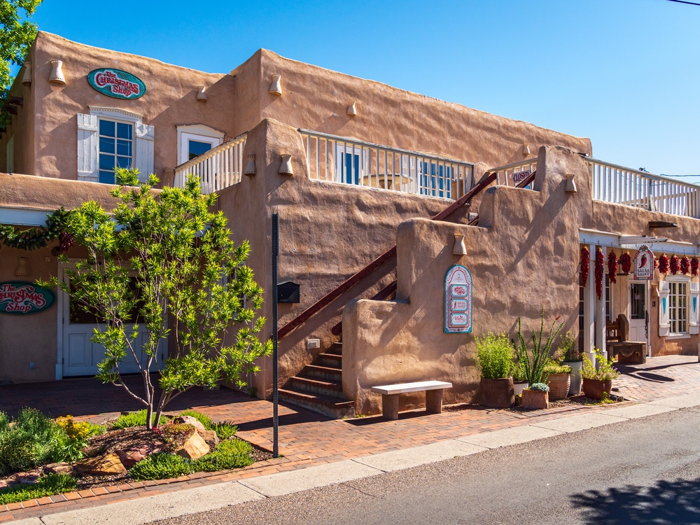 Artisan shops and adobe storefronts in Old Town Albuquerque, New Mexico