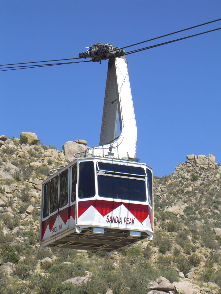 Tramway car descending Sandia Peak through the Sandia Mountains of Albuquerque, New Mexico