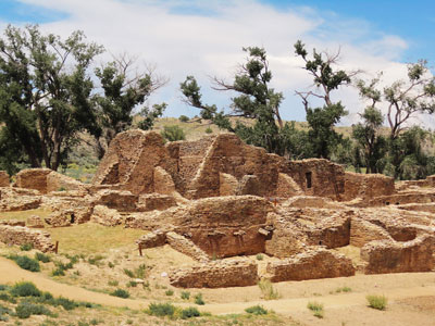 Central room block of Aztec Ruins National Monument, preserved 12th-century Pueblo structures in northwestern New Mexico