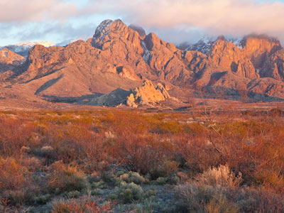 Jagged peaks of the Organ Mountains rising above Chihuahuan Desert landscape, Organ Mountains-Desert Peaks National Monument, New Mexico