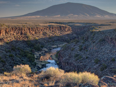 Rio Grande river canyon cutting through volcanic plateau at Río Grande del Norte National Monument, northern New Mexico