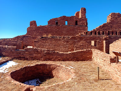 Ancient kiva and ruins of Spanish colonial church at Abo, Salinas Pueblo Missions National Monument, New Mexico