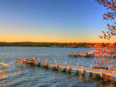 Boat docks at dusk on Geneva Lake, Wisconsin