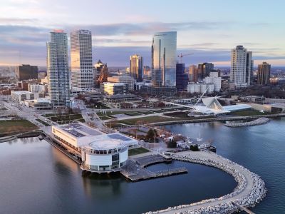 Aerial drone view of the Milwaukee skyline, Wisconsin