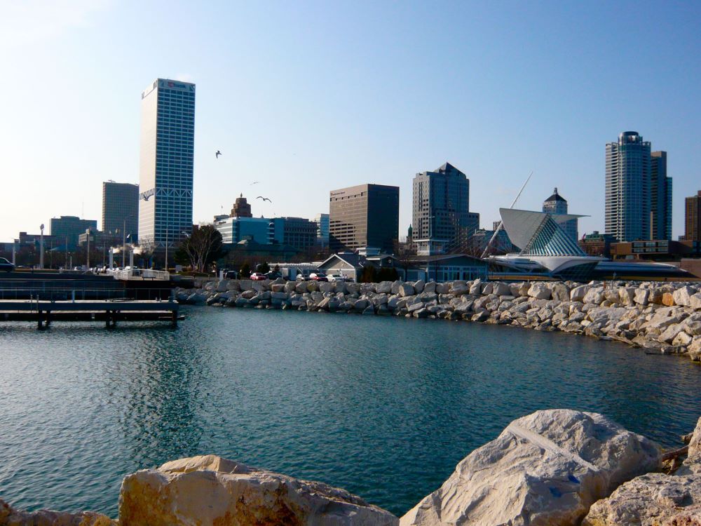 Downtown Milwaukee skyline viewed from Pier Wisconsin at Discovery World