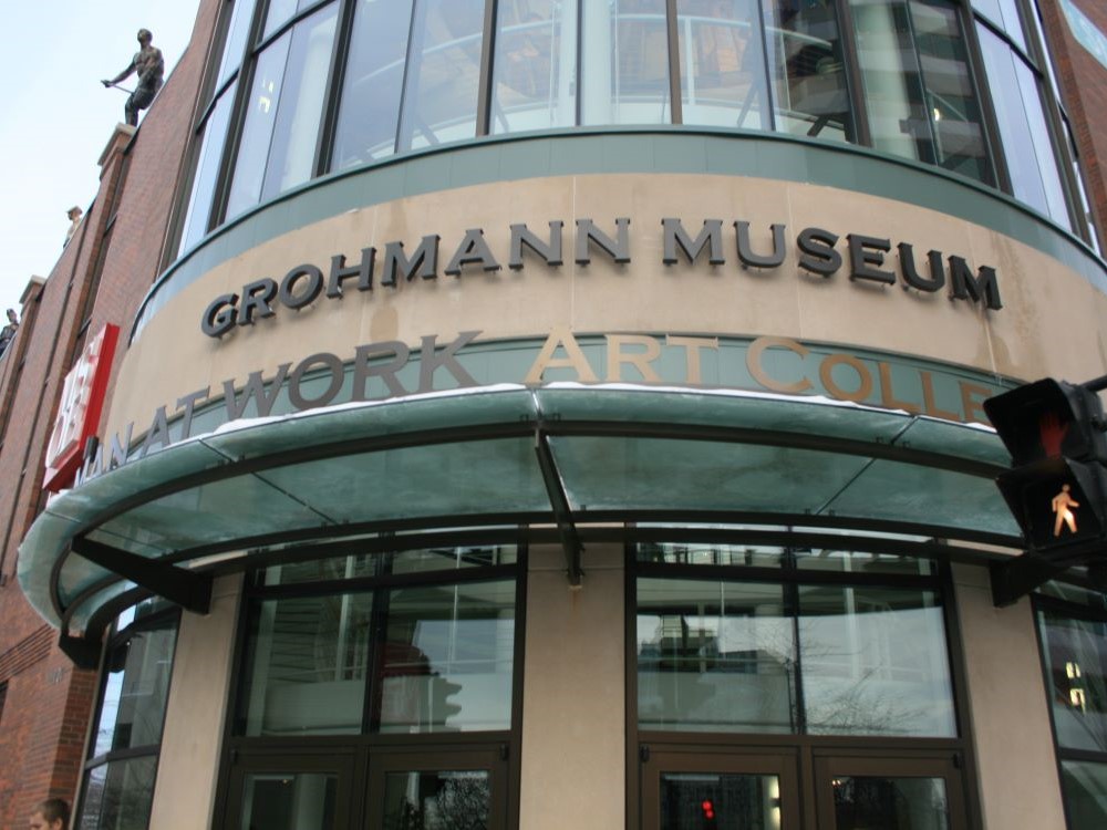 Snow collecting on the glass entrance canopy of the Grohmann Museum