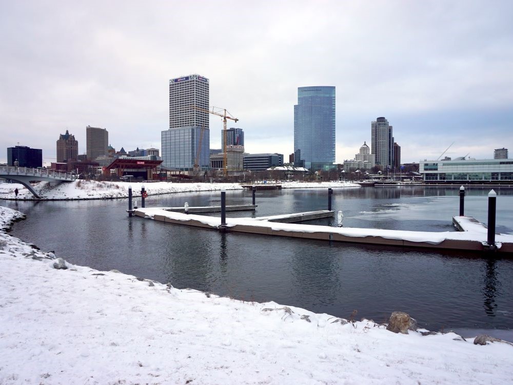 Milwaukee skyline from Lakeshore State Park in winter