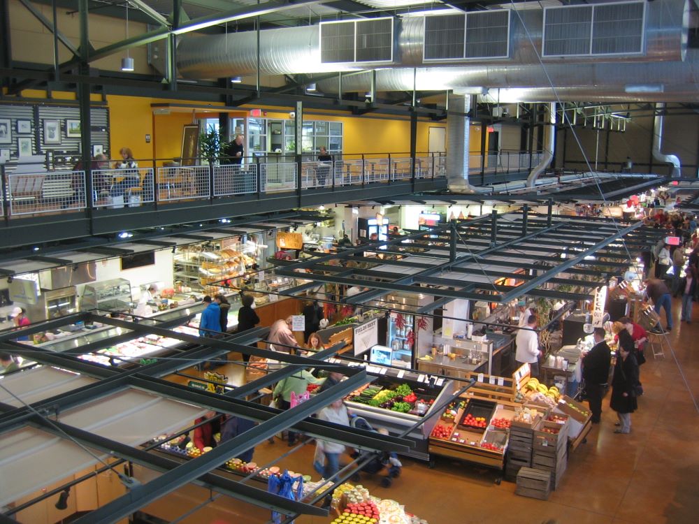 Interior of the Milwaukee Public Market with vendor stalls