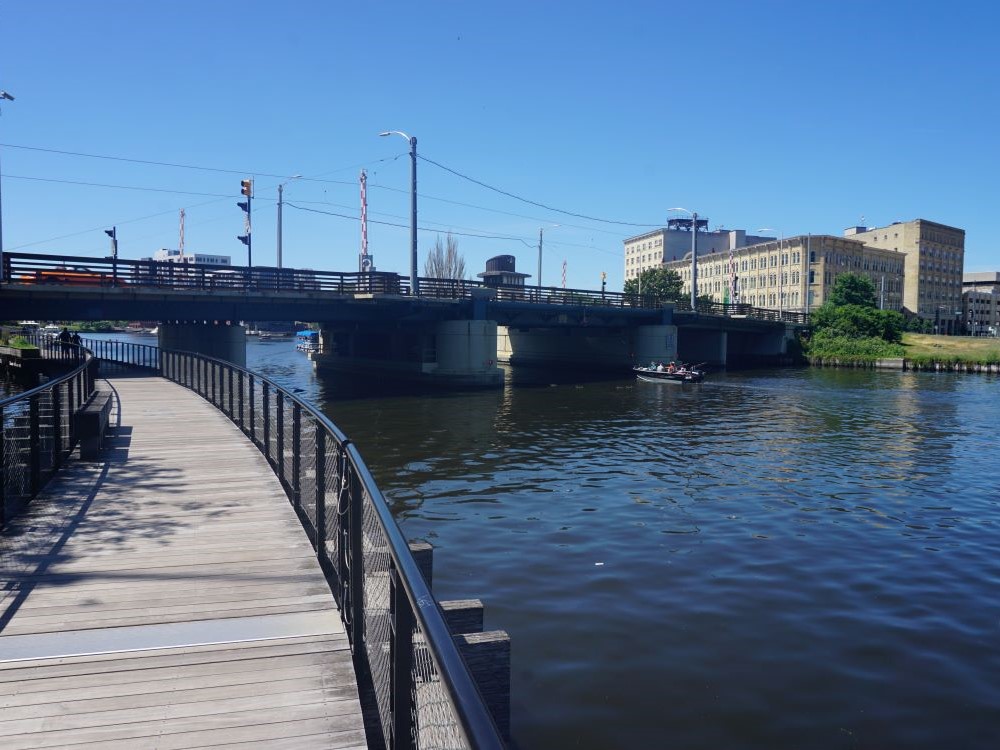 Milwaukee Riverwalk path along the Historic Third Ward