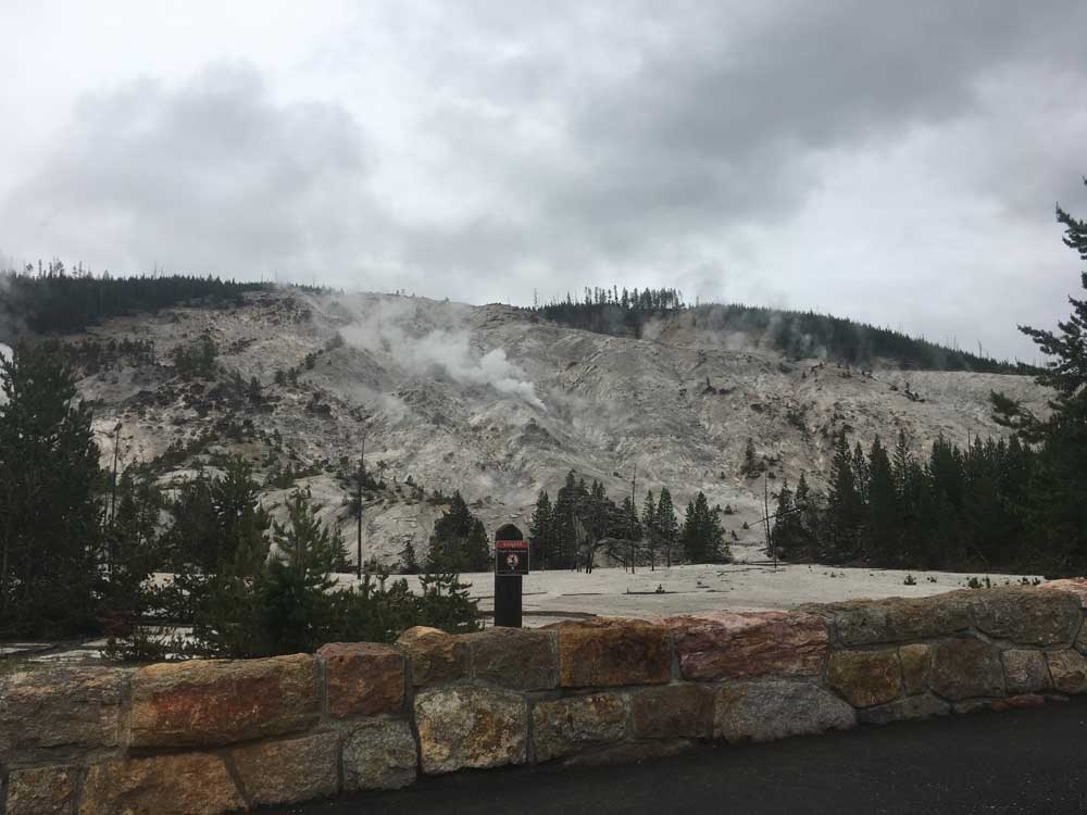Hillside view of Norris Geyser Basin's geothermal landscape