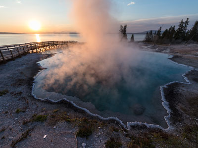 Steaming Black Pool at sunrise, Yellowstone National Park